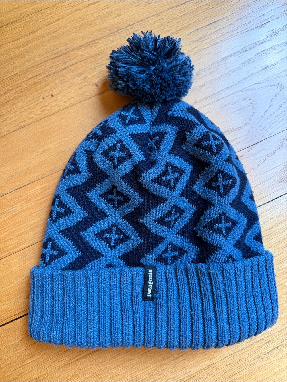 Patagonia Blue and Navy Geometric Pom Beanie